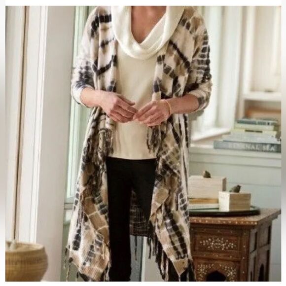 Soft Surroundings Tan Black Tie Die Fringe Open Front Drape Cardigan - Picture 8 of 8